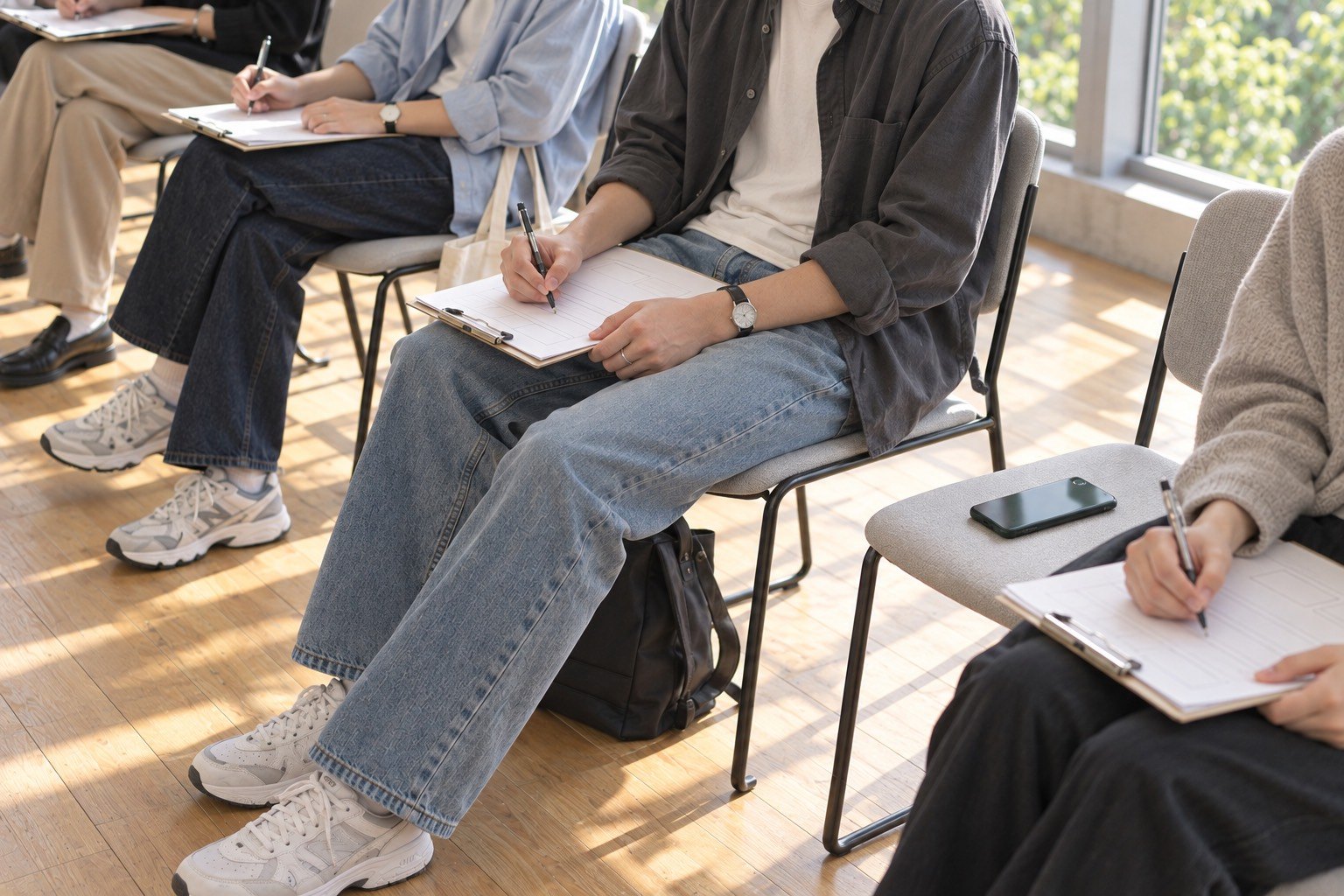明るい部屋で、並んで座りワークシートに書き込む参加者の手元