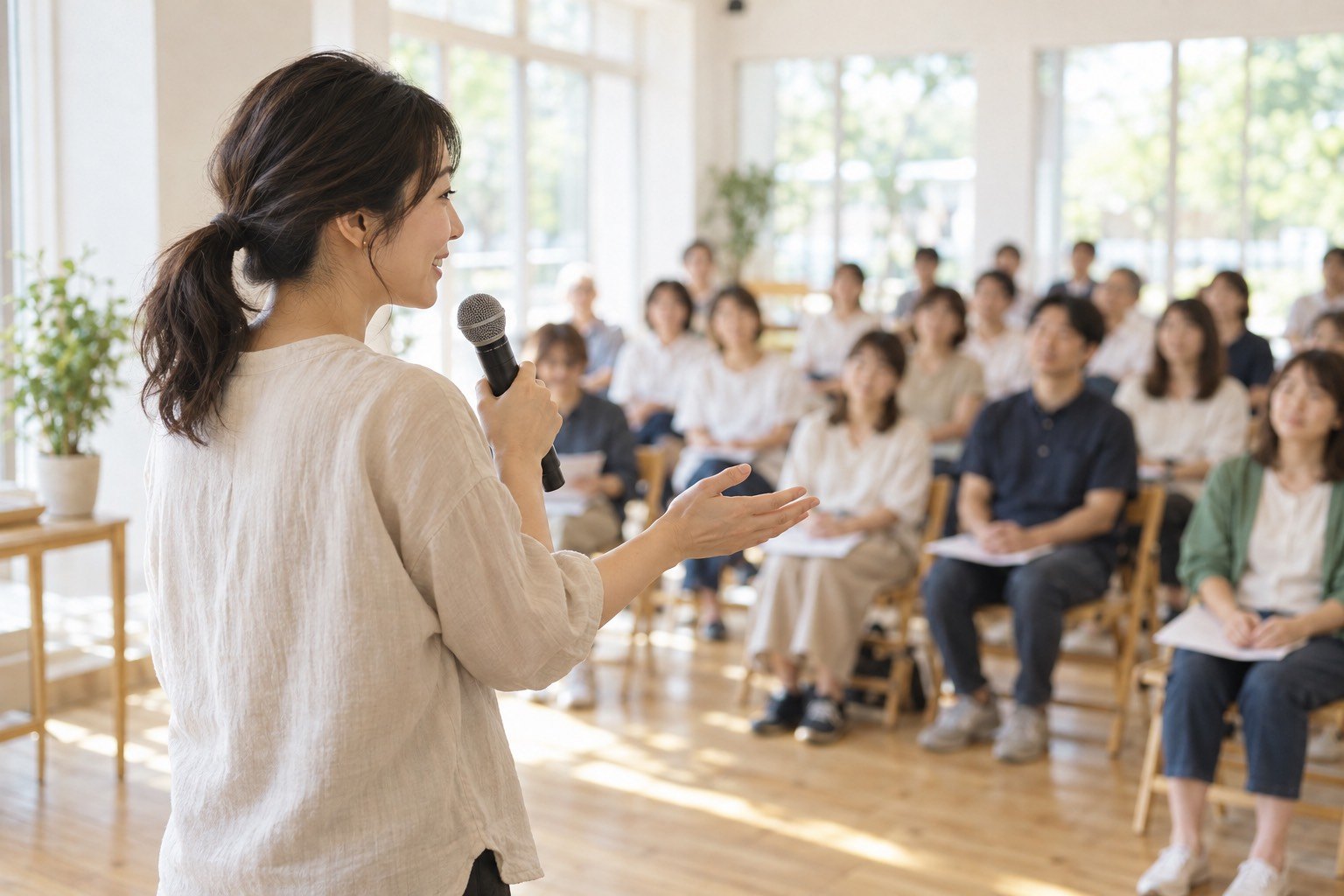 明るい会場で、マイクを持って聞き手に語りかける講師