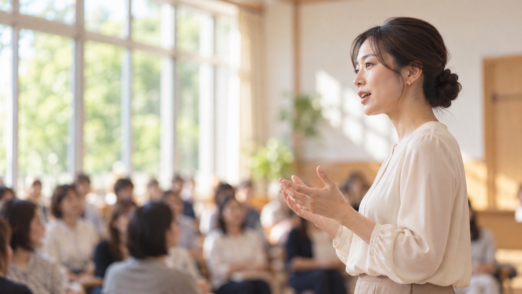 窓の大きな明るい会場で、聞き手に語りかける講師