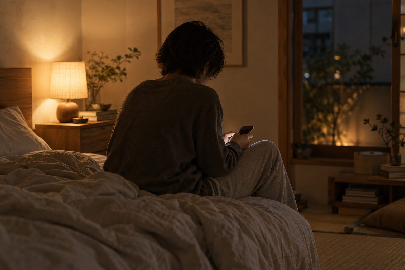 夜、ベッドの端でスマートフォンを手にする人の後ろ姿